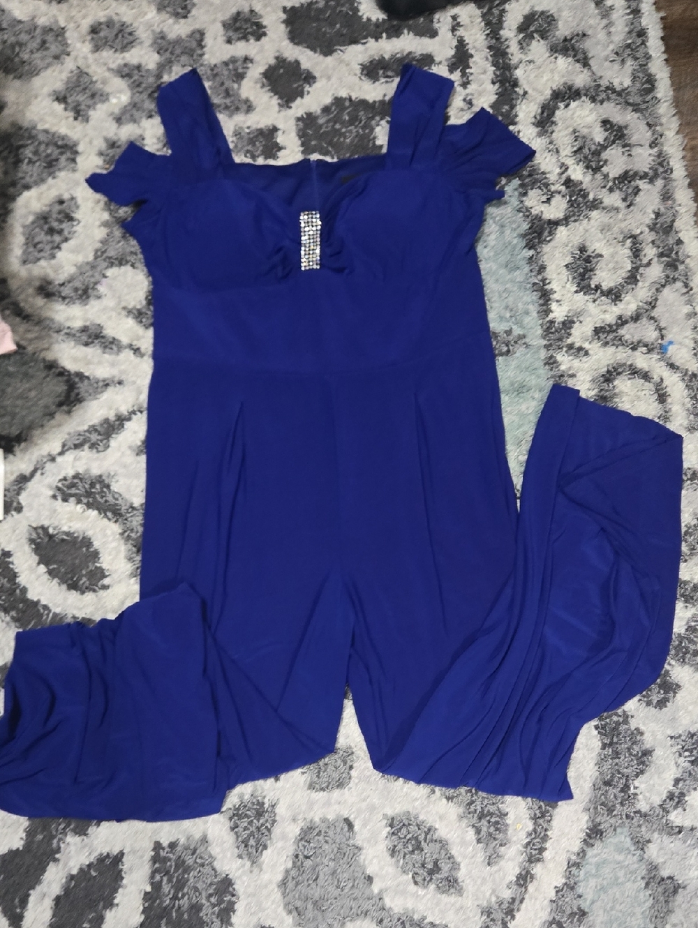 R & M Richards Royal Blue Off-Shoulder Jumpsuit with Rhinestone Accent